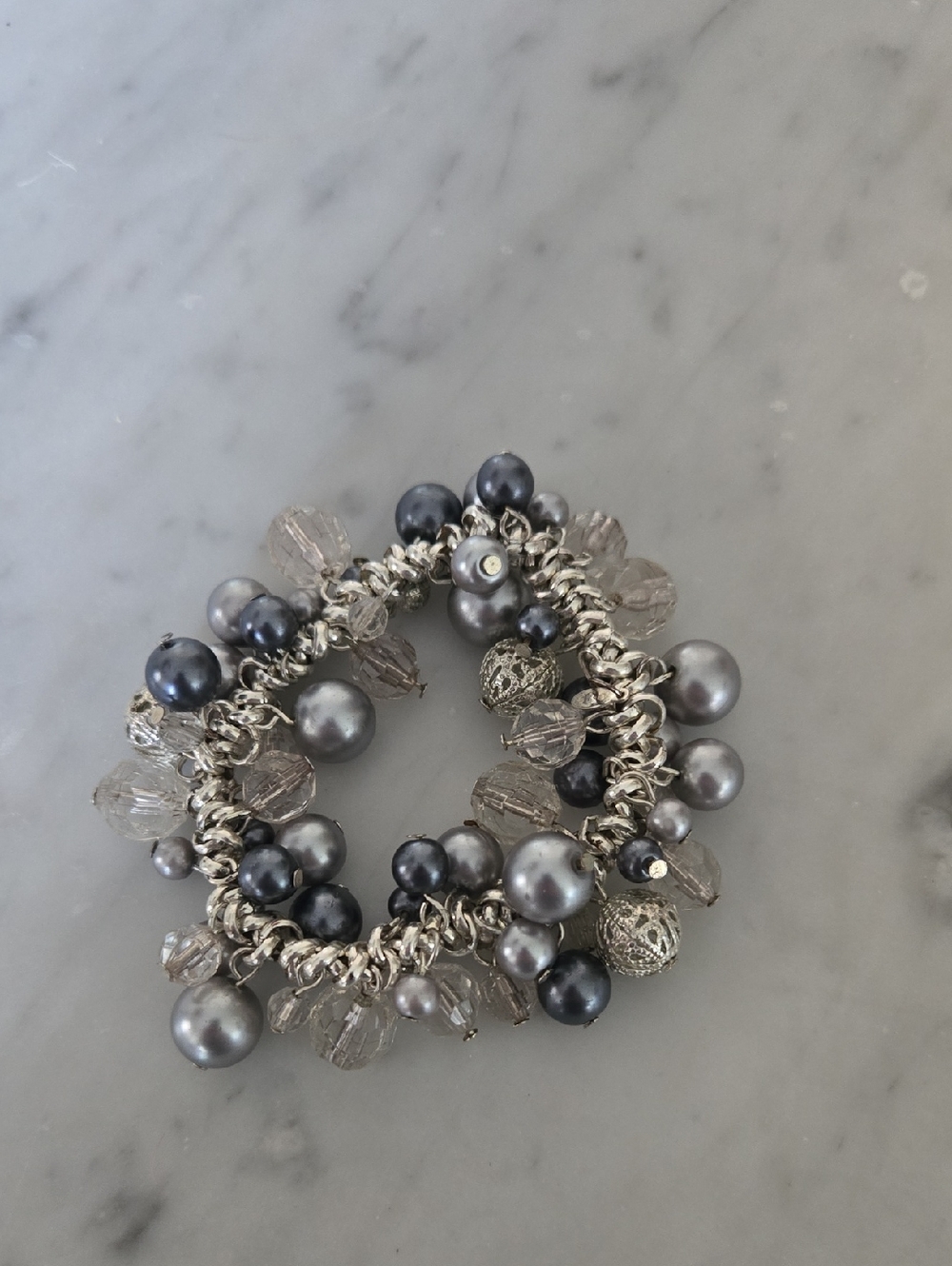 Silver and Gray Beaded Bracelet Elastic Stretch